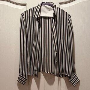 100% silk. Vertical Stripe Button-Up Shirt in Black, White & Beige